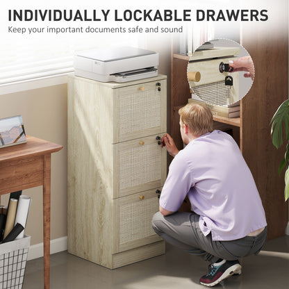 3 Drawer Filing Cabinet with Lock, Boho File Cabinet for A4 Letter Size Files with Decorative Rattan Accents, Oak