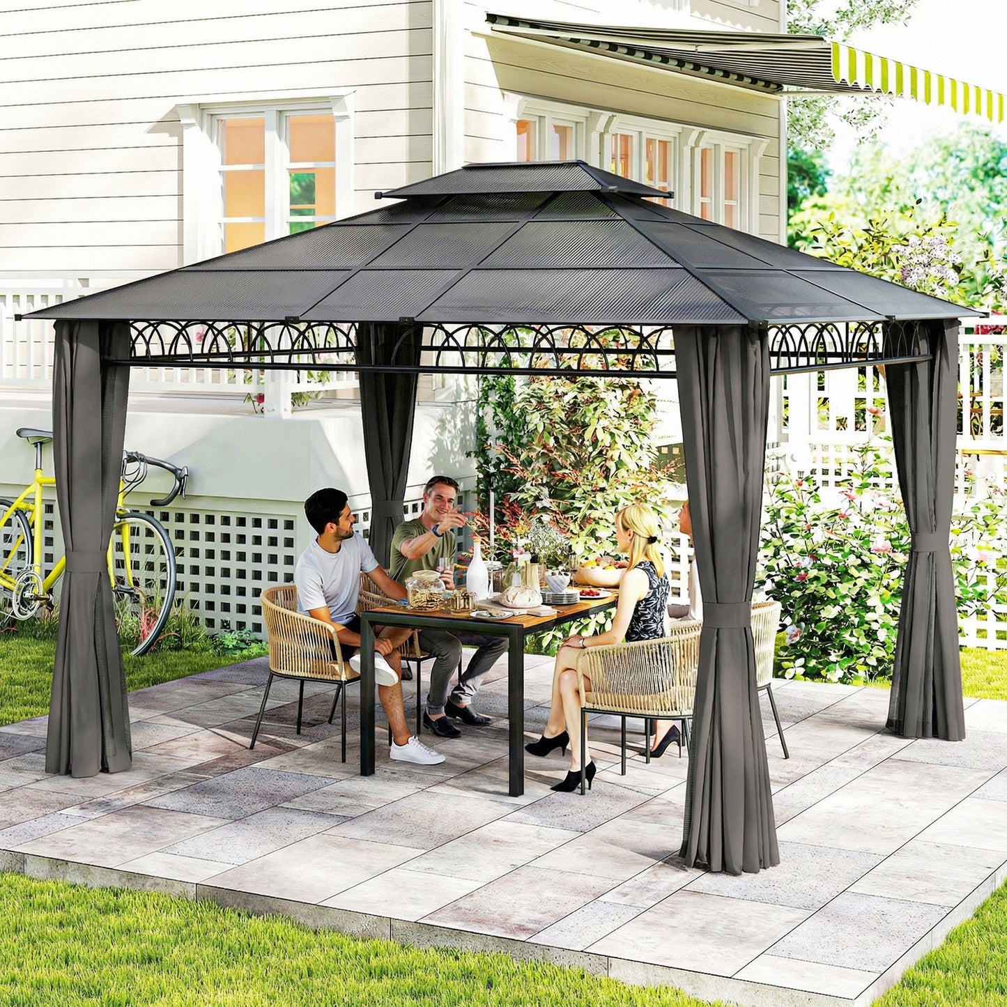 10' x 12' Outdoor Gazebo Canopy, Double Roof Hardtop Gazebo with Polycarbonate Roof, Steel Frame, Nettings and Curtains