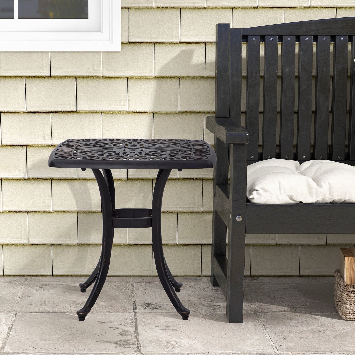 21" Square Outdoor End Table, Cast Aluminum Patio Side Table with Umbrella Hole for Garden, Balcony, Poolside, Bronze