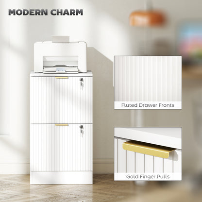 Lockable Filing Cabinet with 2 Fluted Drawers, File Cabinet with Adjustable Hanging Rails for A4 Letter Files, White