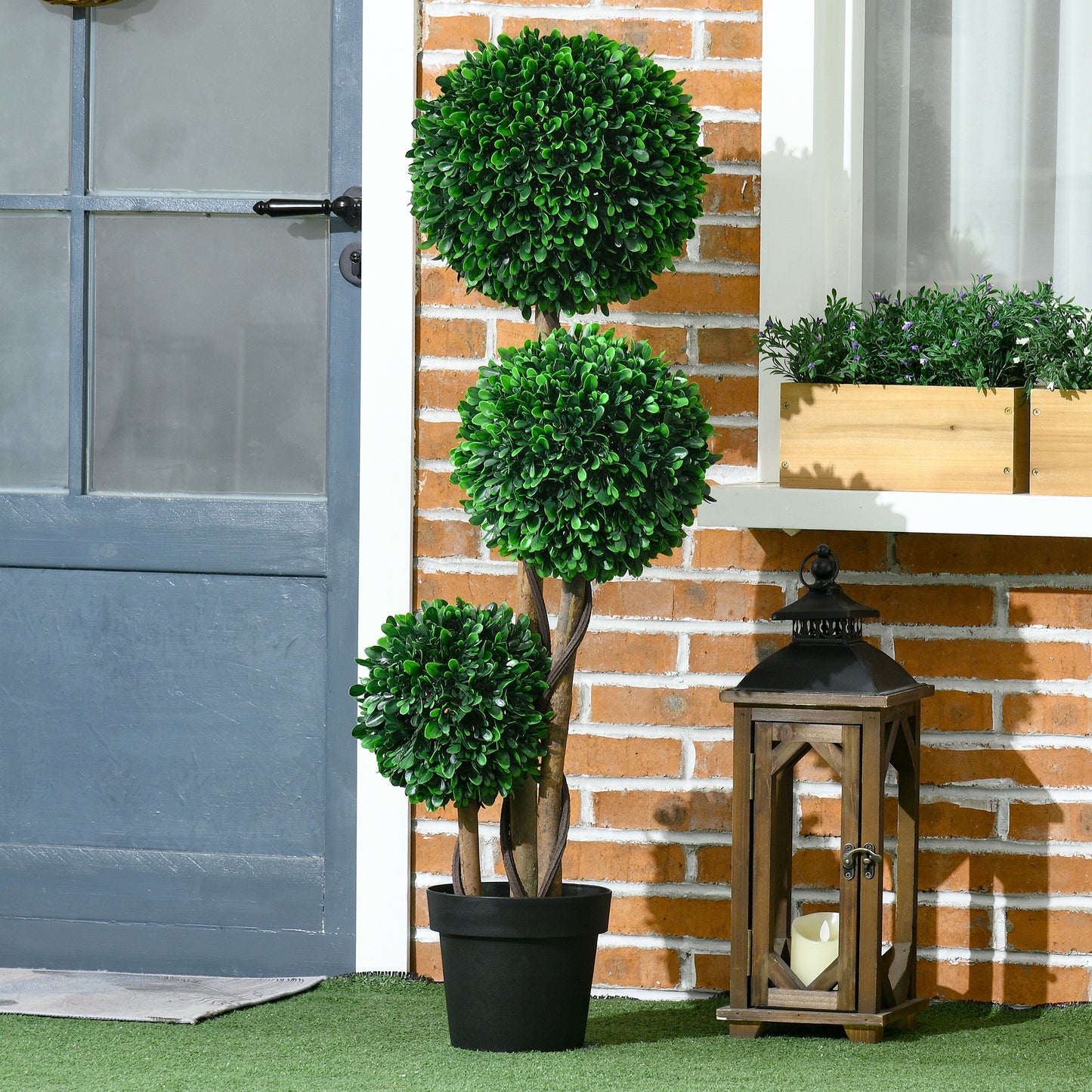 3.6ft Artificial Tree, Triple Ball Boxwood Topiary with Pot and Sandalwood Leaves, for Indoor Outdoor Home