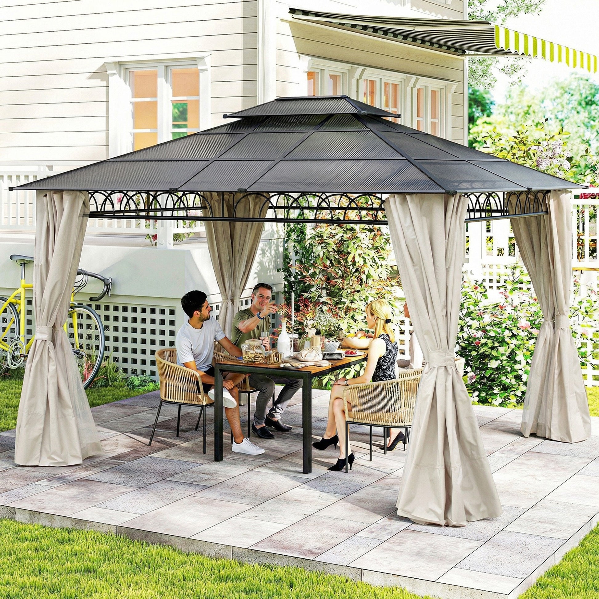 10' x 12' Outdoor Gazebo Canopy, Double Roof Hardtop Gazebo with Polycarbonate Roof, Steel Frame, Nettings and Curtains