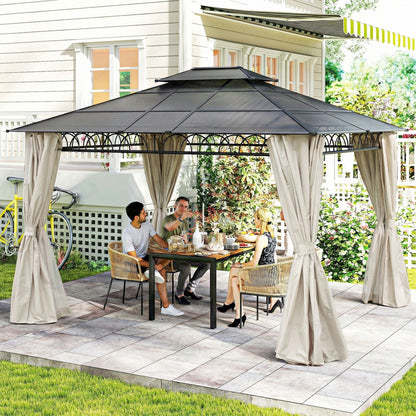 10' x 12' Outdoor Gazebo Canopy, Double Roof Hardtop Gazebo with Polycarbonate Roof, Steel Frame, Nettings and Curtains