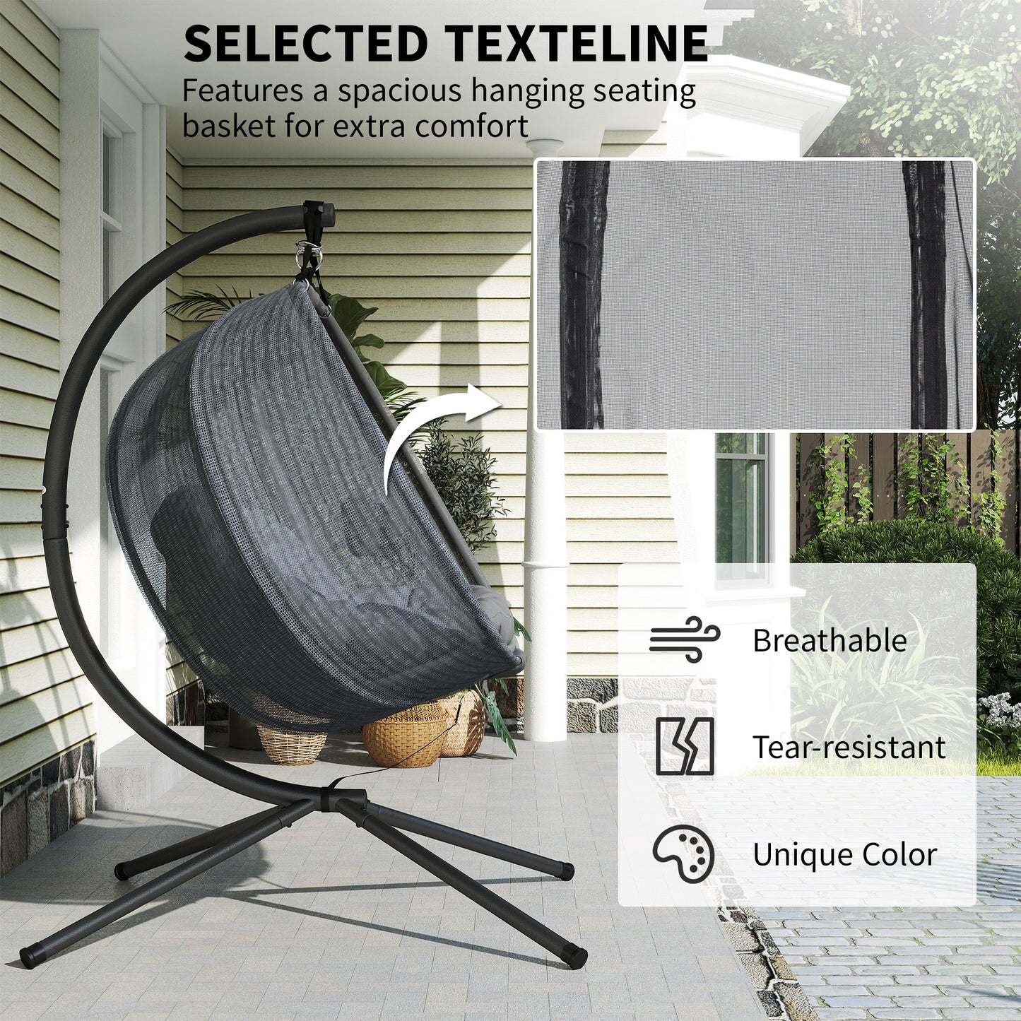 Double Egg Chair with Stand, 2 Person Hanging Swing Egg Chair with Cushion, Pockets, Grey