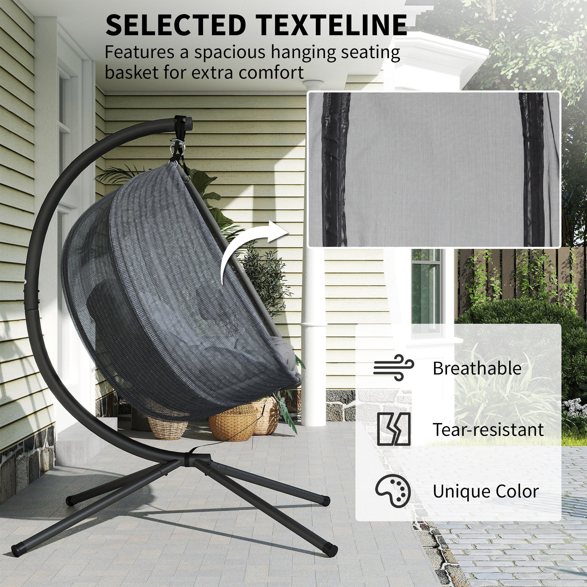 Double Egg Chair with Stand, 2 Person Hanging Swing Egg Chair with Cushion, Pockets, Grey