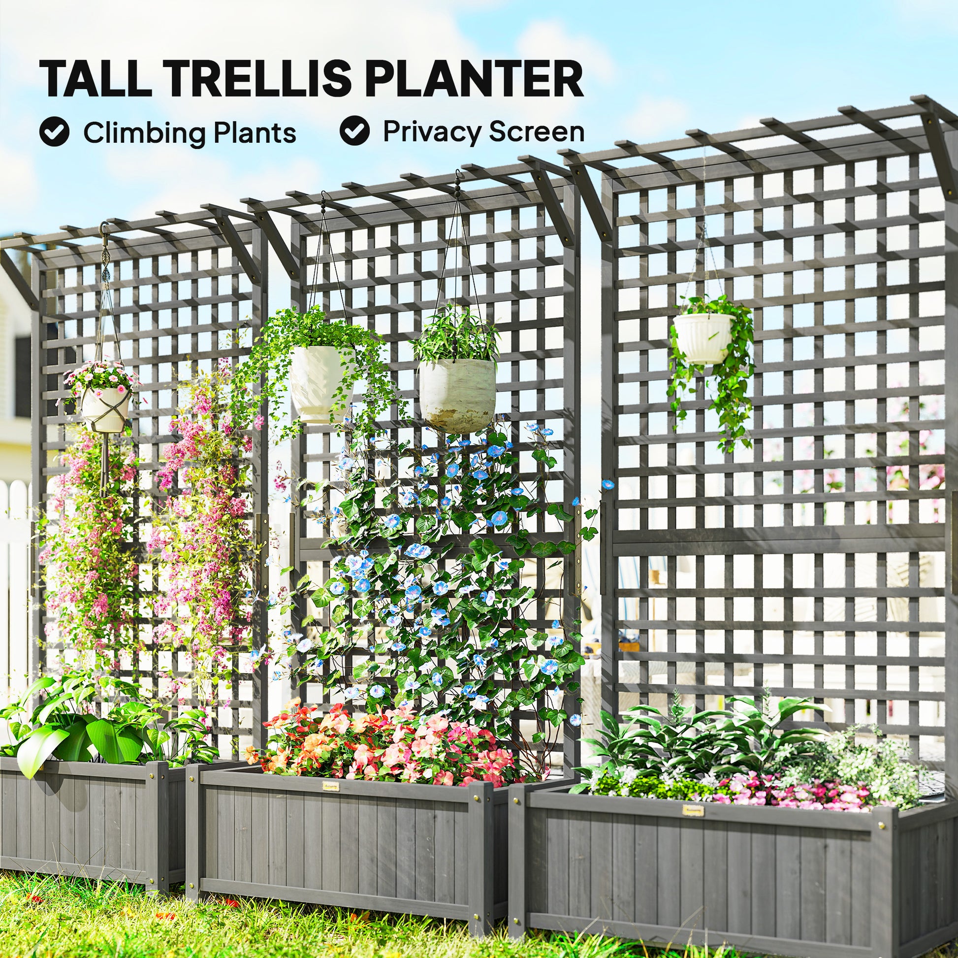 Wood Planter with Trellis for Vine Climbing, Raised Garden Bed, Privacy Screen for Backyard, Patio, Deck, Dark Grey