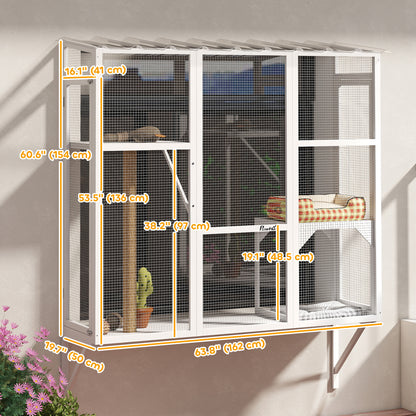 Wooden Catio Outdoor, Cat Window Box Enclosure for 2-3 Large Cats with 2 Jumping Platforms & Scratching Post, White