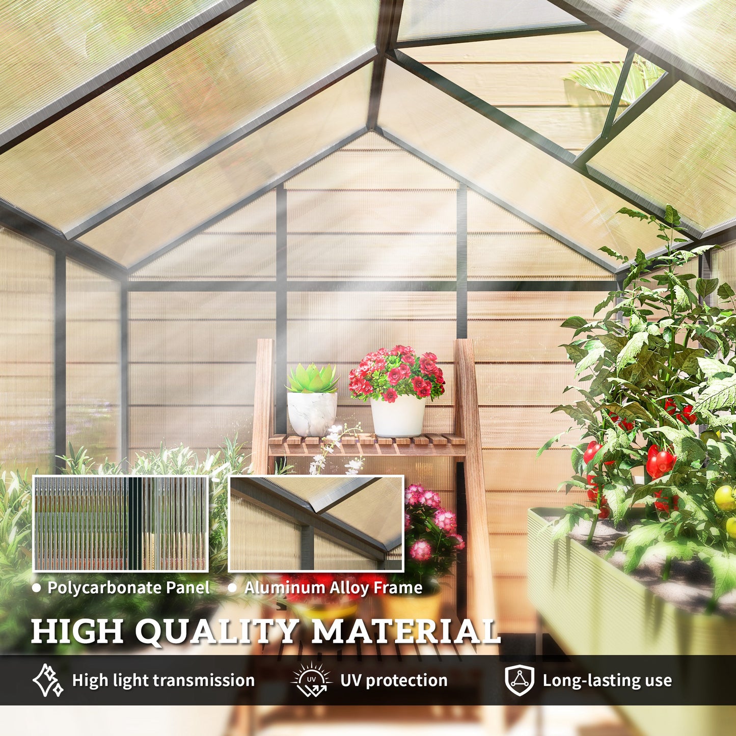 6' x 8' x 6.4' Polycarbonate Greenhouse, Aluminum Walk-In Green House Kit Garden, Plants Grow with Rain Gutter and Roof Vent, Charcoal Grey