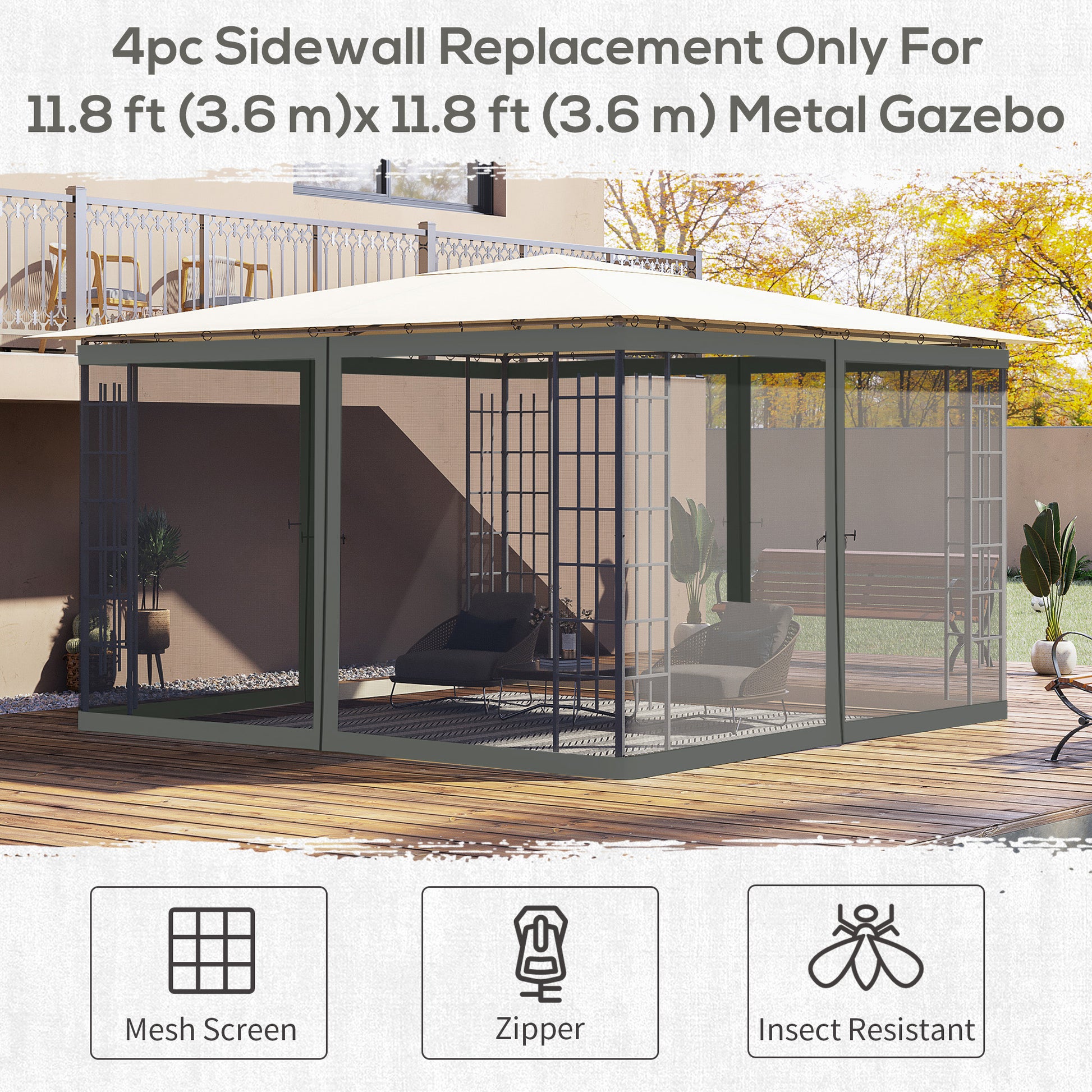 Replacement Mosquito Netting for Gazebo 12' x 12' Black Screen Walls for Canopy with Zippers