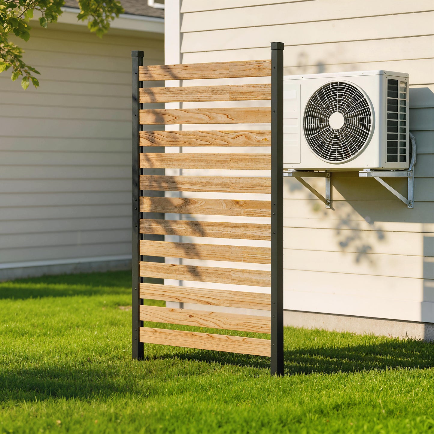 Privacy Screen Panel, 38" x 76" No Dig Space Divider with Fir Wood Planks and Aluminum Posts, Great to Hide Trash Cans