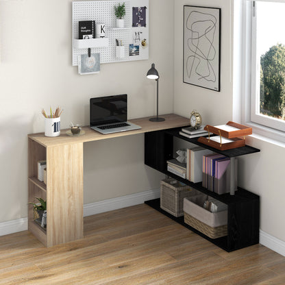 55" Corner Computer Desk, 360° Rotating L-Shaped Desk, Home Office Workstation with 3-Tier Shelves, Bookshelf