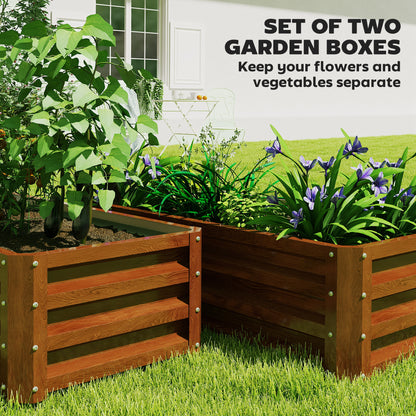 Galvanized Raised Garden Beds, Outdoor Planter Box, Set of 2, for Flowers, Herbs and Vegetables, Brown Wood Effect