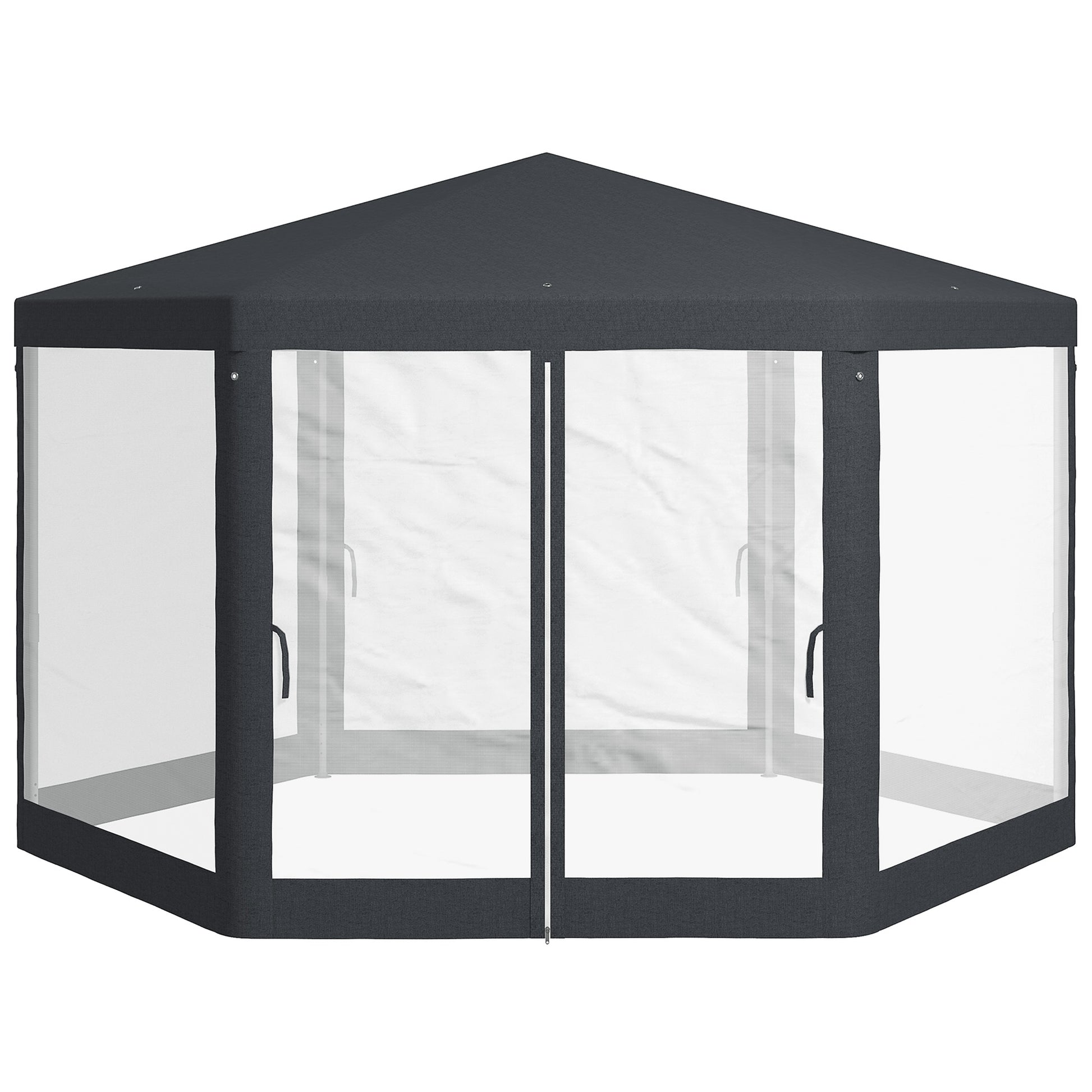 Φ13' Hexagon Party Tent Patio Gazebo Outdoor Activity Event Canopy Quick Sun Shelter Pavilion with Netting Mesh Sidewall, Dark Grey