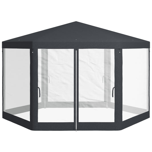 Φ13' Hexagon Party Tent Patio Gazebo Outdoor Activity Event Canopy Quick Sun Shelter Pavilion with Netting Mesh Sidewall, Dark Grey
