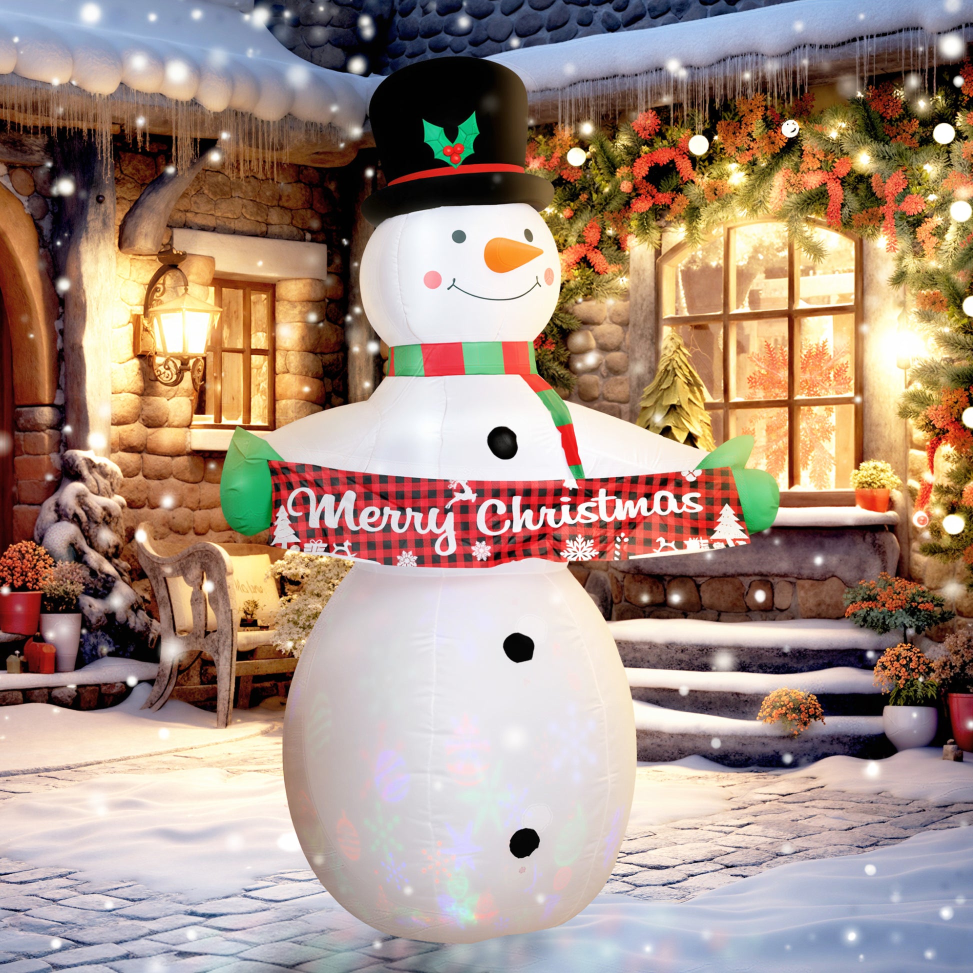 7FT Christmas Inflatables Snowman with Motion-Activated Music and Projector LED Light, Blow Up Inflatable Decoration