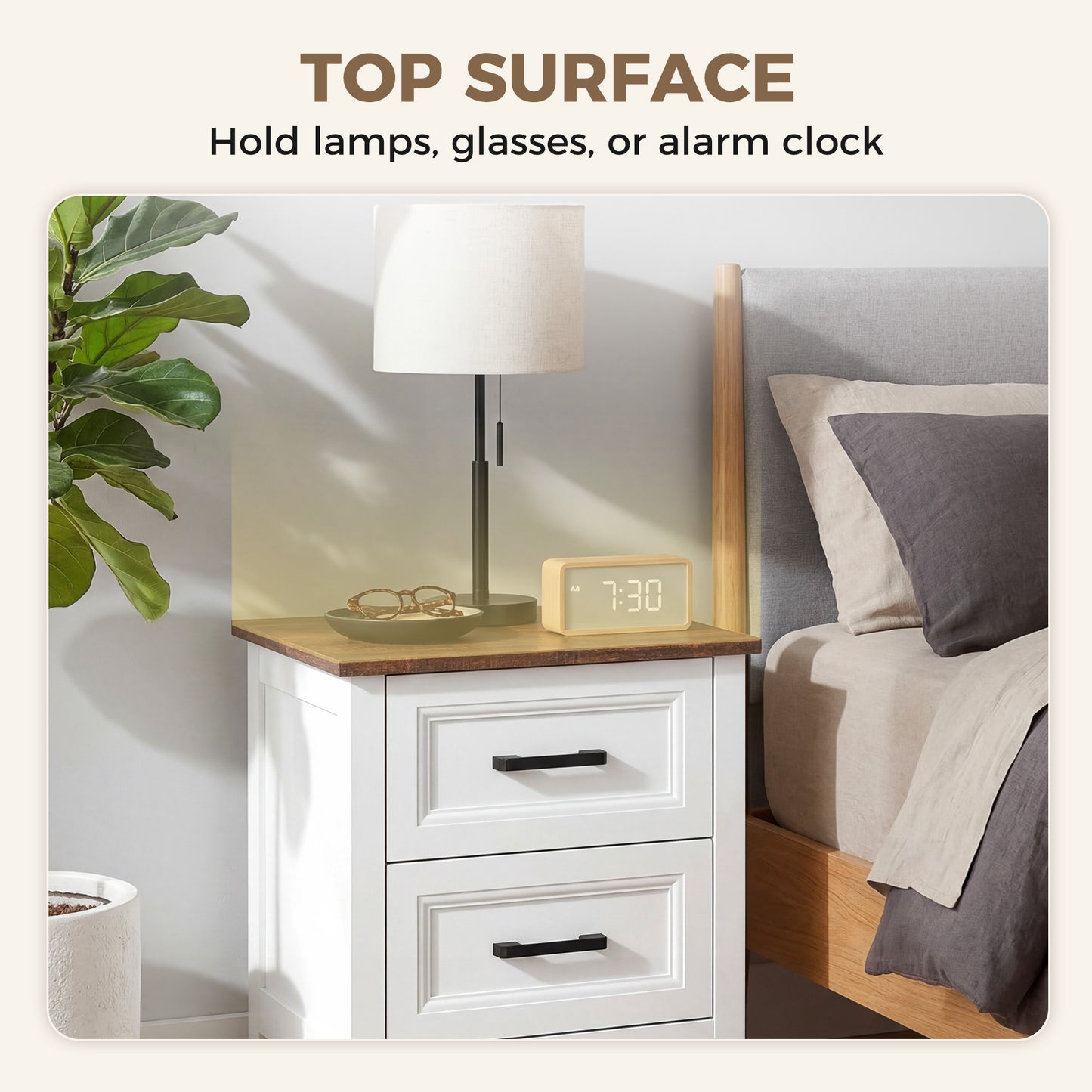 Farmhouse Nightstand Set of 2, Bedside Tables with 2 Drawers, Wood-Effect Top, White