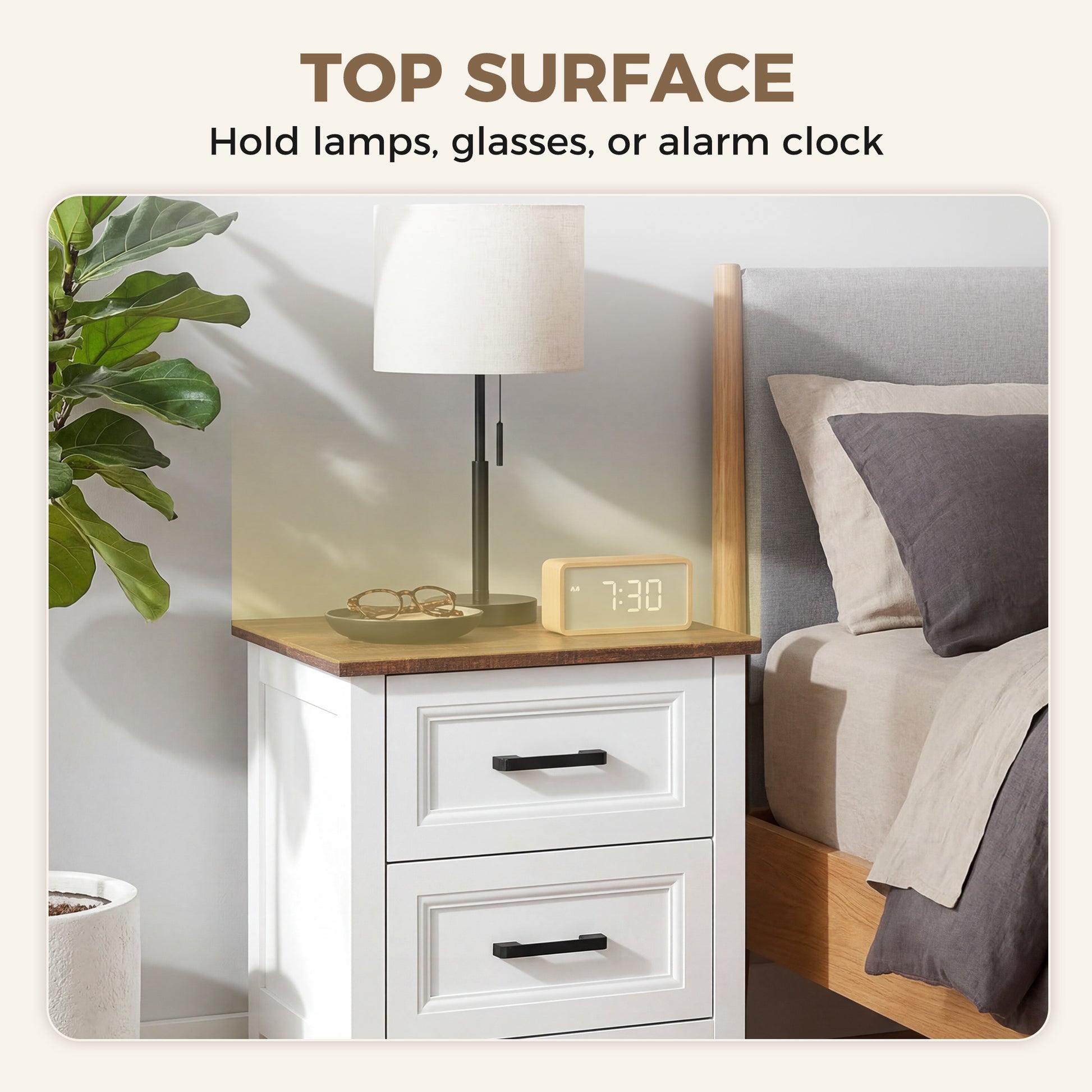 Farmhouse Nightstand Set of 2, Bedside Tables with 2 Drawers, Wood-Effect Top, White