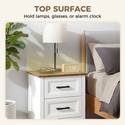 Farmhouse Nightstand Set of 2, Bedside Tables with 2 Drawers, Wood-Effect Top, White