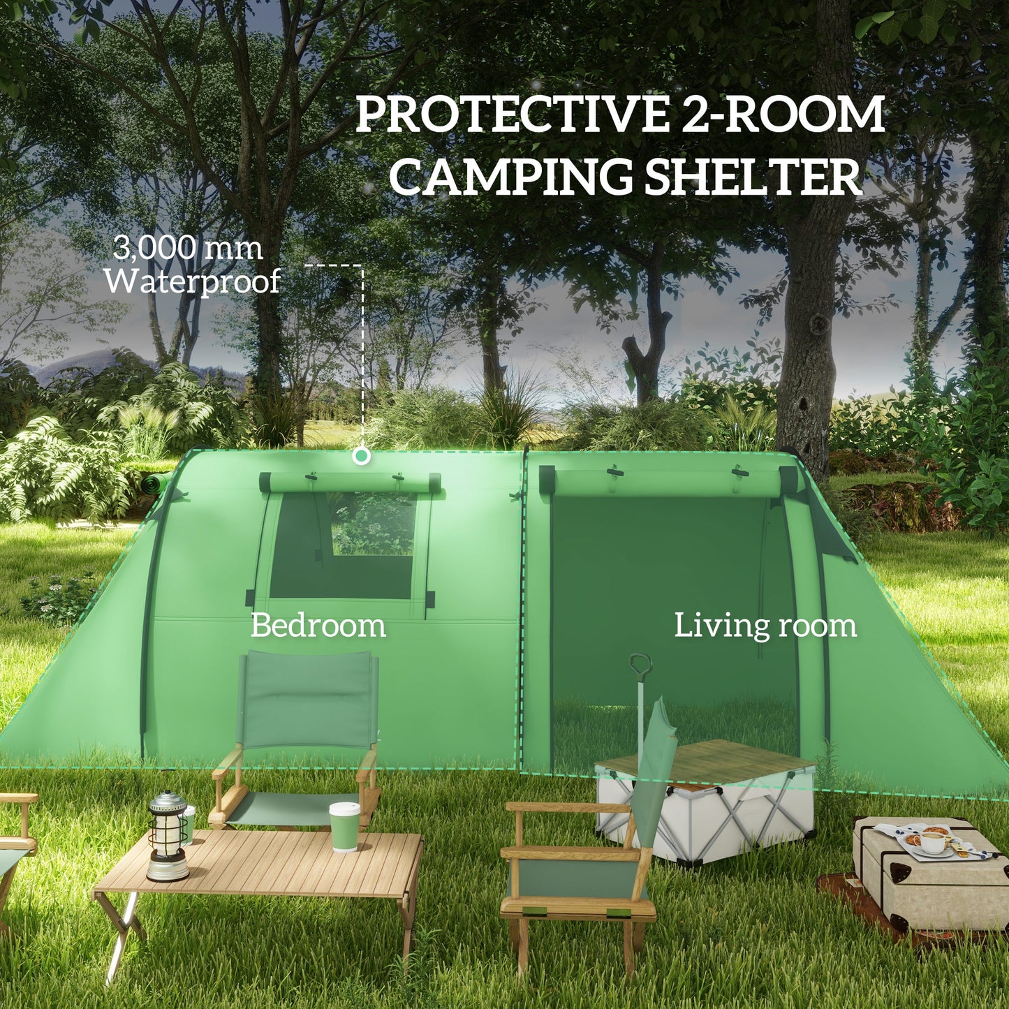 3-4 Person Camping Tent with 2 Rooms, 3000mm Waterproof Portable Family Tent with Carry Bag, Dark Green