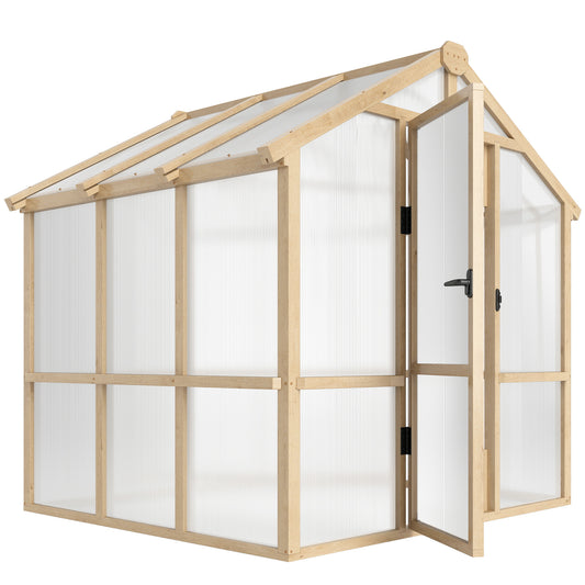 6.6 x 6ft Polycarbonate Greenhouse Wooden Green House with Thickened Polycarbonate Sheets, Lockable Door, Brown