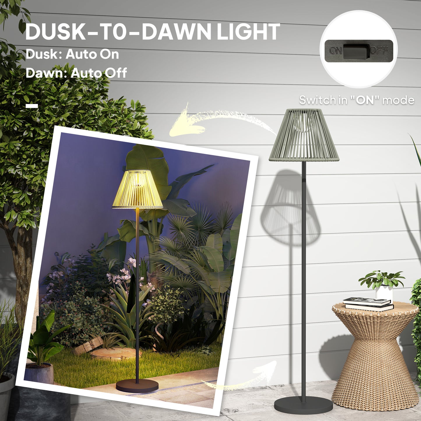 Wicker Outdoor Floor Lamp, Cordless Solar Lantern with Auto On/Off LED Lights, IP44 for Patio, Porch, Pathway, Grey