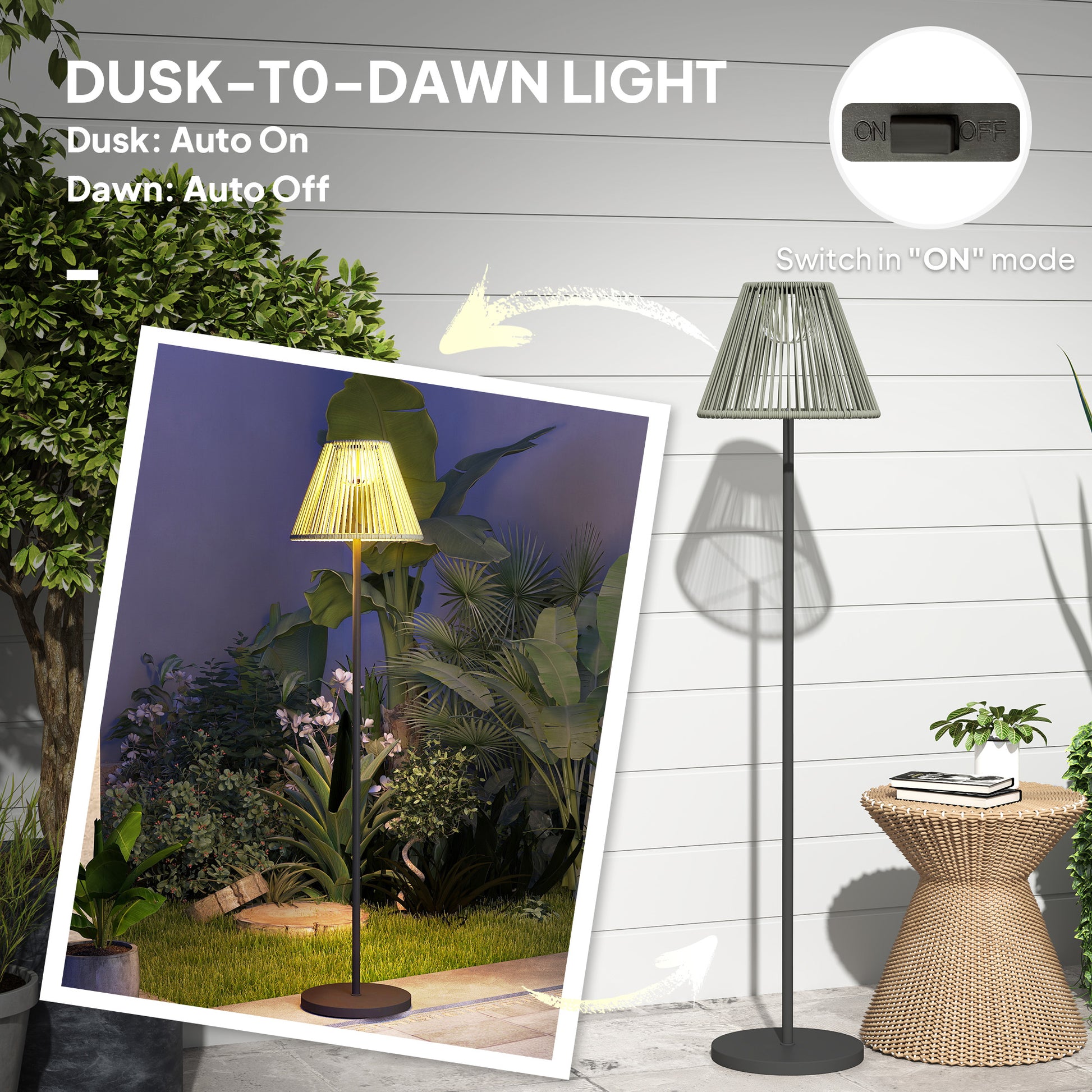 Wicker Outdoor Floor Lamp, Cordless Solar Lantern with Auto On/Off LED Lights, IP44 for Patio, Porch, Pathway, Grey