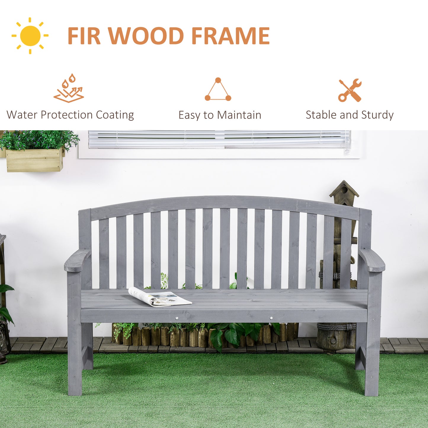 Wooden Bench, Outdoor Bench with Slatted Design, Backrest, Armrests for Garden, Park, Backyard, Grey