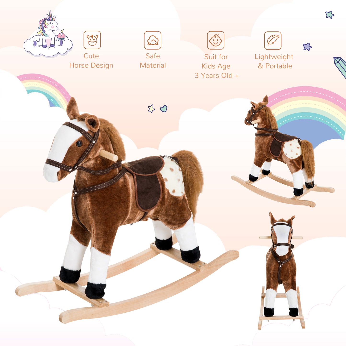 Qaba Baby Rocking Horse, Children Plush Animal Rocker, Kid Ride on Toy with Realistic Sound, Handle Grip, Brown