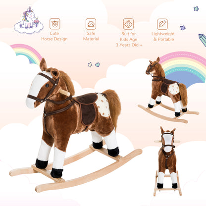 Qaba Baby Rocking Horse, Children Plush Animal Rocker, Kid Ride on Toy with Realistic Sound, Handle Grip, Brown