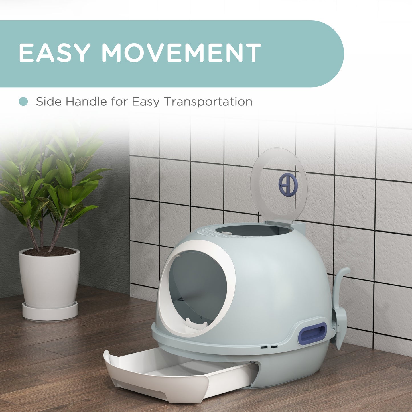 Cat Litter Box Toilet with Lid, Covered Litter Box with Scoop, Enclosed Drawer and Skylight, Blue