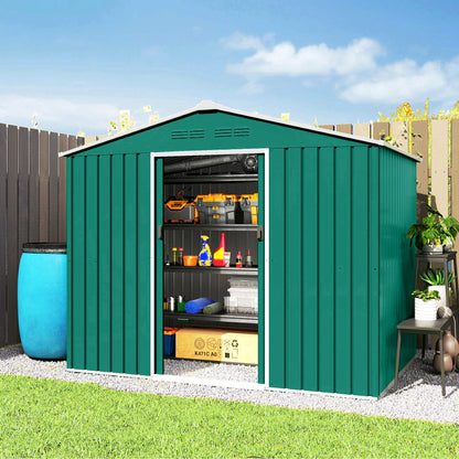 8' x 6' Outdoor Storage Shed, Metal Garden Tool Storage House with Lockable Sliding Doors and Vents, Green