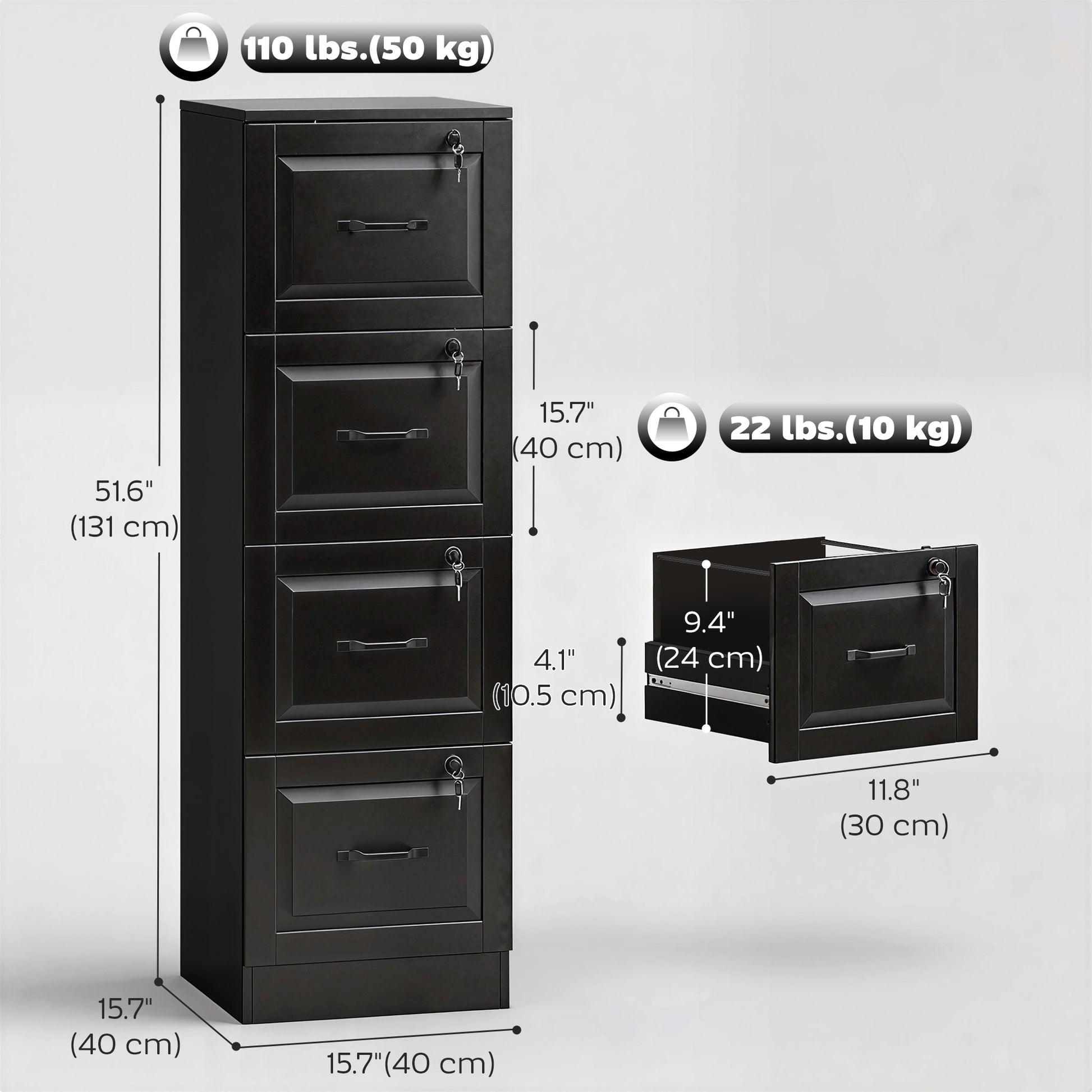 4 Drawer File Cabinet with Lock, Vertical Filing Cabinet with Adjustable Hanging Bars for A4 and Letter Size, Black