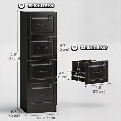 4 Drawer File Cabinet with Lock, Vertical Filing Cabinet with Adjustable Hanging Bars for A4 and Letter Size, Black
