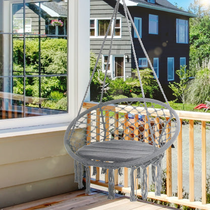 Patio Hammock Chair, Hanging Rope Hammock Swing for Indoor & Outdoor Use with Backrest, Cotton-Polyester Blend, Fringe Tassels, Dark Grey