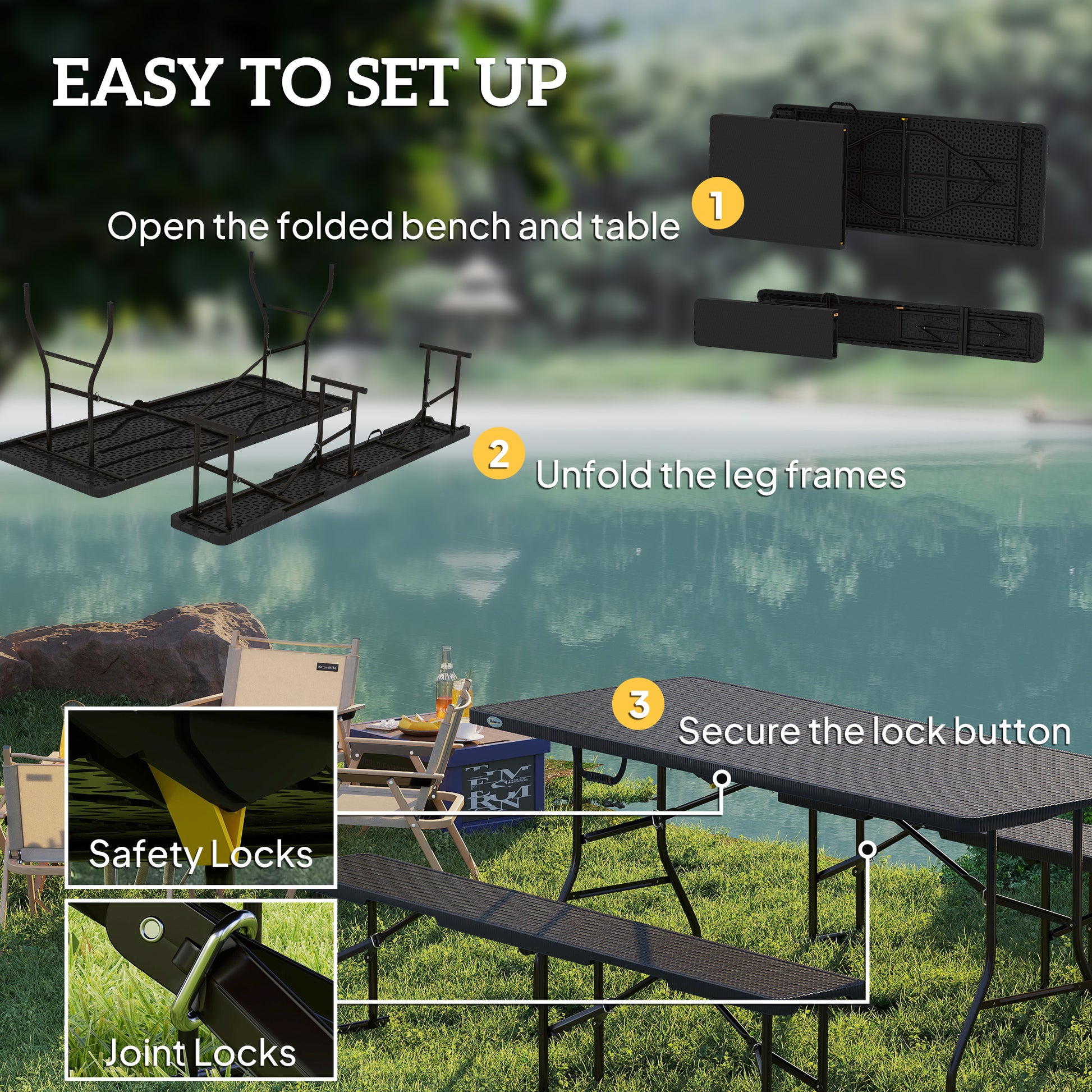 6FT 3PCS Faux Rattan Outdoor Camping Table Bench Set with Carrying Handles, Folding Picnic Table with 2 Benches, Black