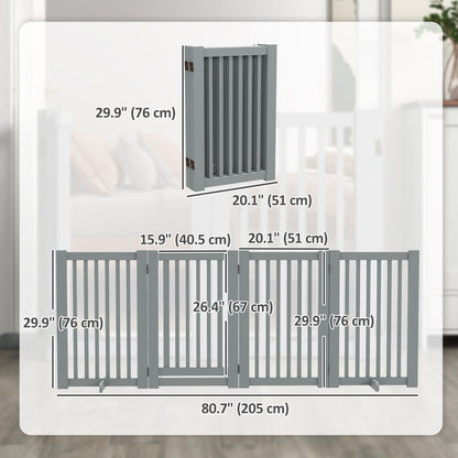 4 Panel Free Standing Wooden Pet Gate with Open Door Light Grey