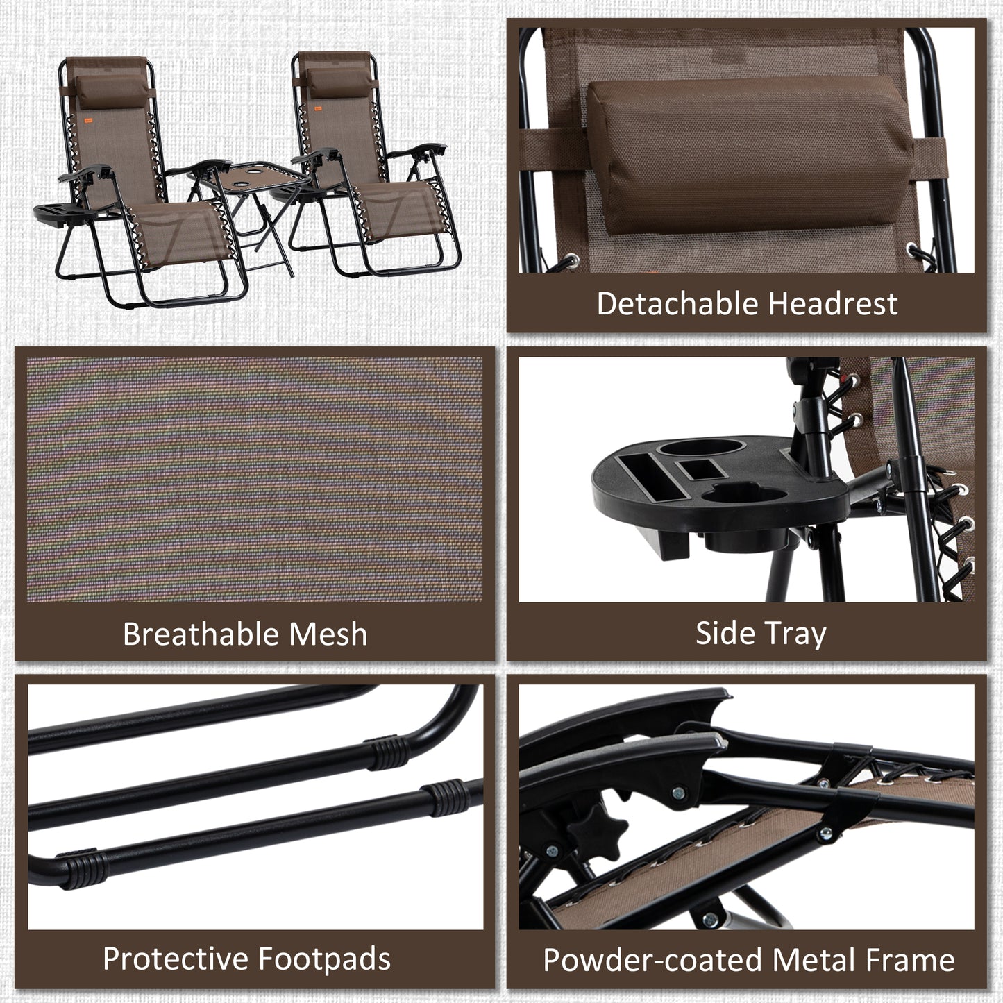 Zero Gravity Chair Set of 2 Patio Chair with Side Table Cupholders and Pillows for Pool, Backyard, Lawn, Beach, Brown