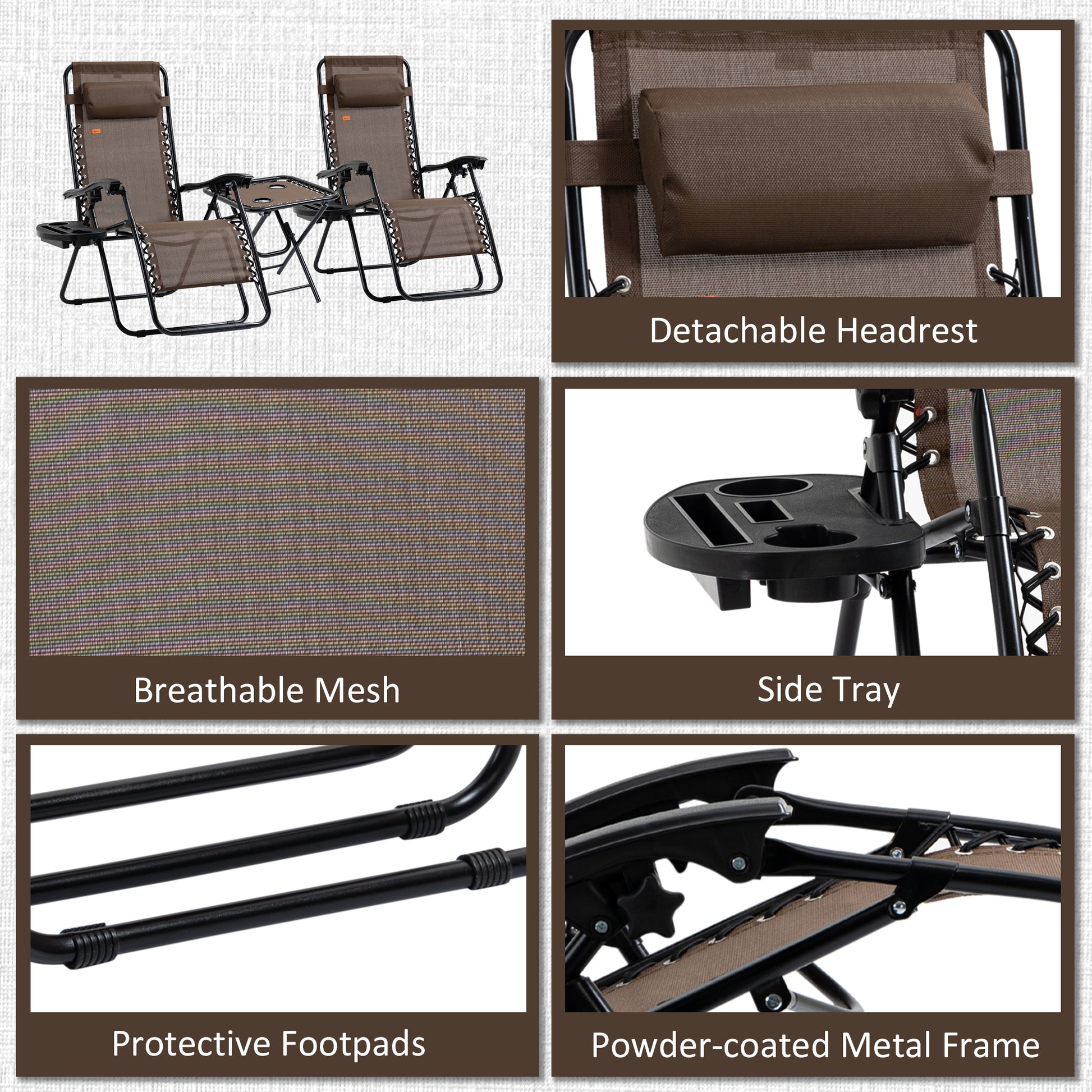 Zero Gravity Chair Set of 2 Patio Chair with Side Table Cupholders and Pillows for Pool, Backyard, Lawn, Beach, Brown