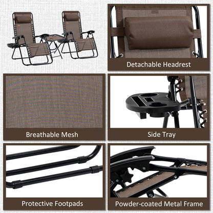 Zero Gravity Chair Set of 2 Patio Chair with Side Table Cupholders and Pillows for Pool, Backyard, Lawn, Beach, Brown
