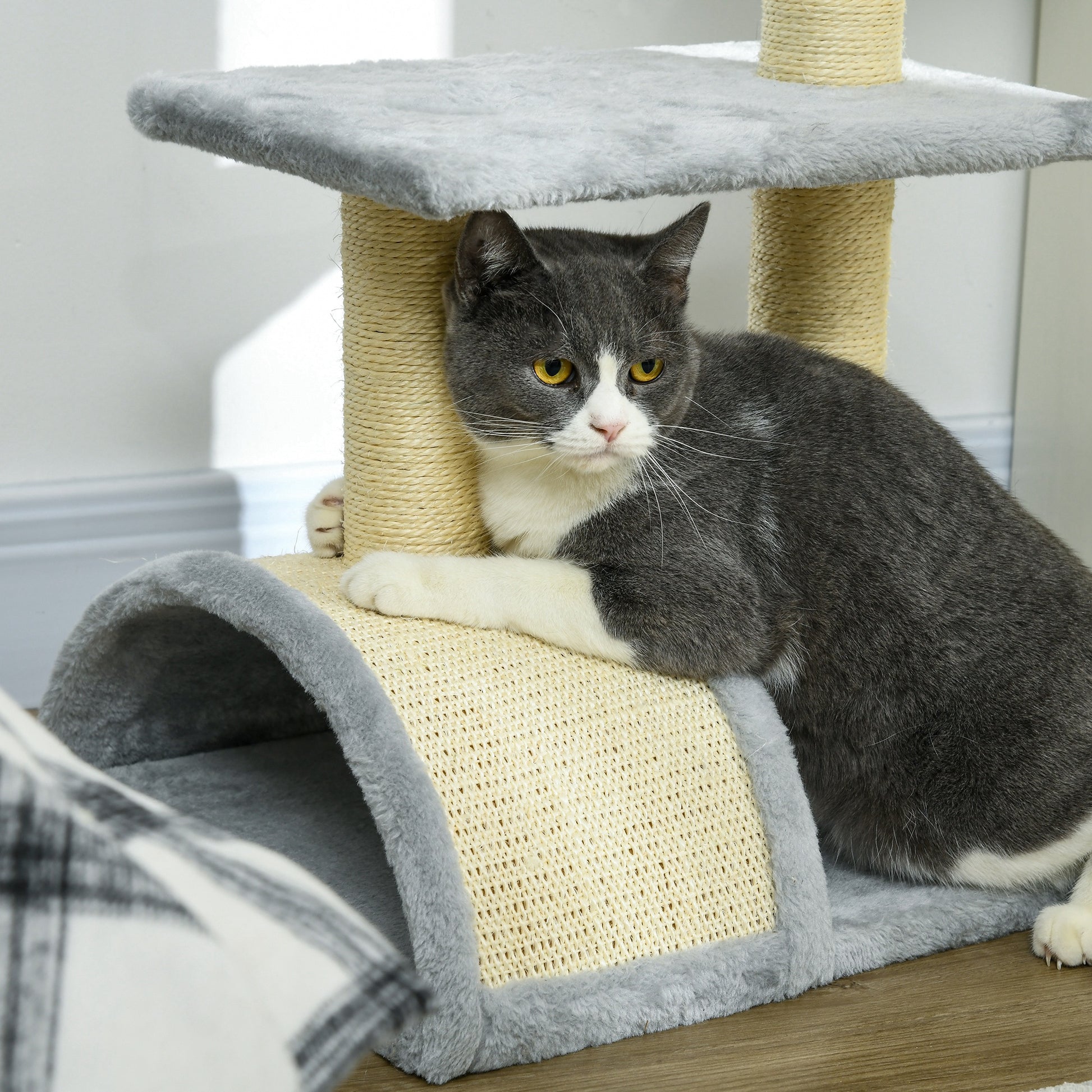 28" Cat Tree with Scratching Post, Pad, Toy Ball for Indoor Cats, Light Grey