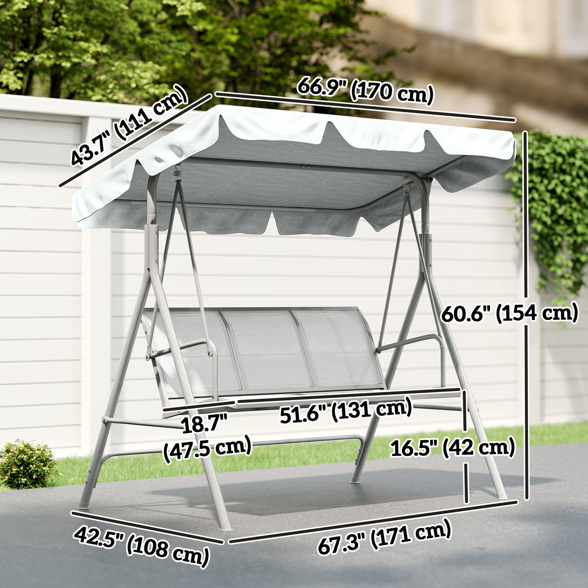 3-Seater Outdoor Swing Chair, Patio Swing, A Frame Porch Swing with Canopy, Garden Hammock Glider Bed, Light Grey