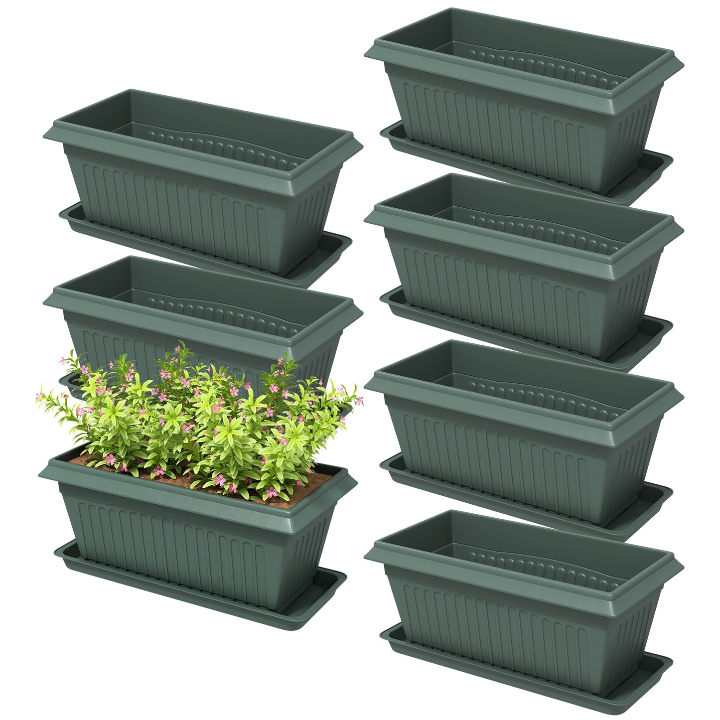 7 Pack 15.7" Plastic Flower Planters with Drainage Holes and Trays, Plant Pots for Indoor Outdoor Plants, Green