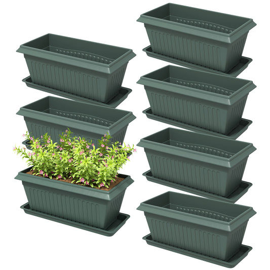 7 Pack 15.7" Plastic Flower Planters with Drainage Holes and Trays, Plant Pots for Indoor Outdoor Plants, Green