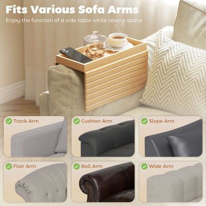 Bamboo Couch Arm Tray, Sofa Armrest Tray with Flexible Roll-up Design and Wide Compartment, Natural