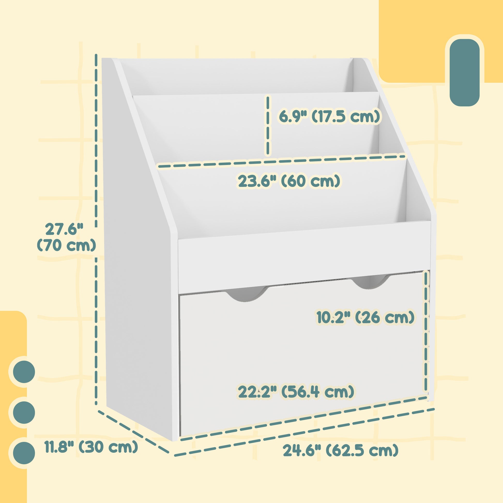 Qaba Kids Bookshelf with 3 Tier Display Shelves, Drawer for Nursery, White