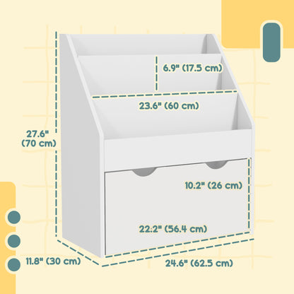 Qaba Kids Bookshelf with 3 Tier Display Shelves, Drawer for Nursery, White