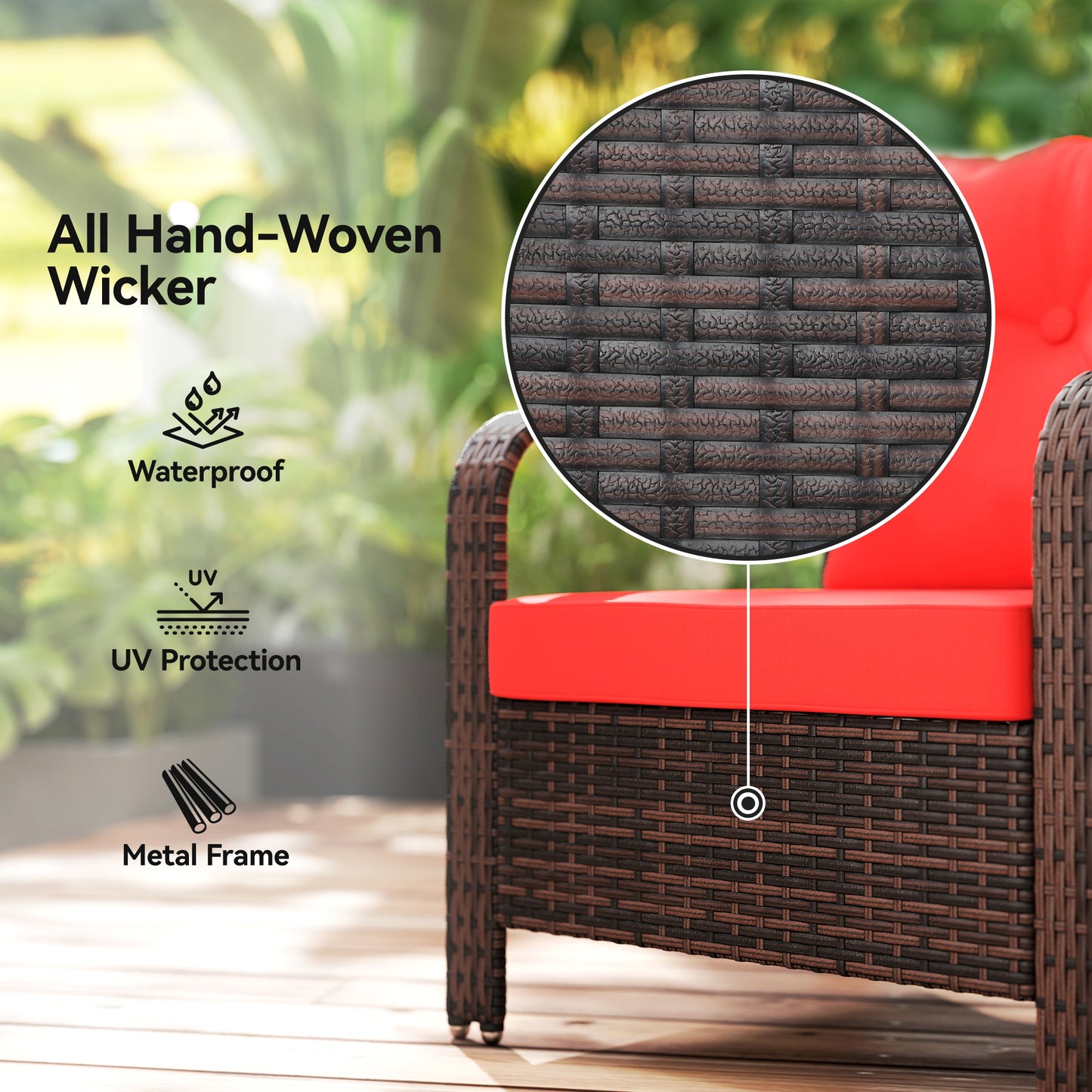 3 Pieces Wicker Patio Furniture Set, Rattan Bistro Set with Storage Coffee Table and Thickened Cushions, Outdoor Conversation Set for Garden, Porch, Balcony, Red