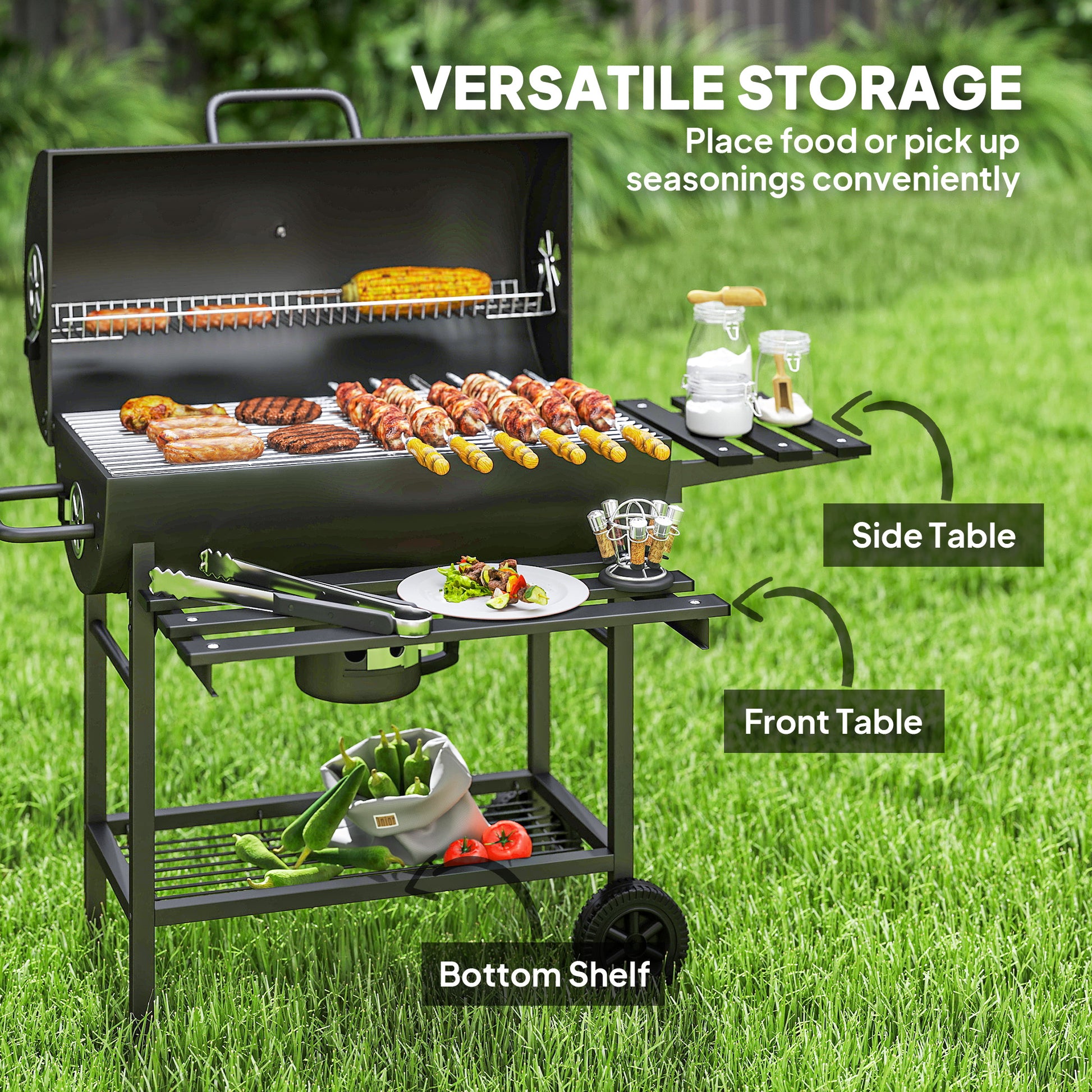 29" Charcoal BBQ Grill Barbecue Grill with Foldable Front Side Table, Spacious Cooking Area, Shelf, Black