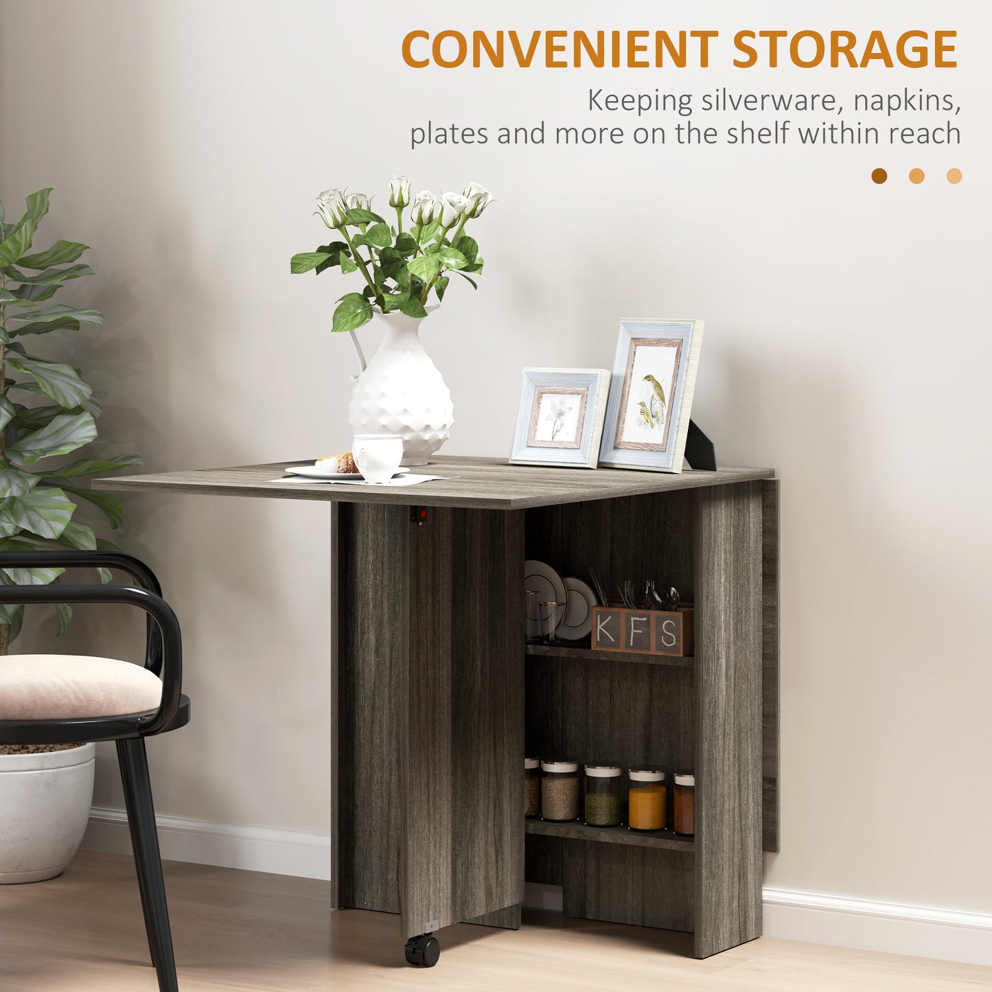 Extendable Dining Table, Collapsible Folding Table w/ 2-tier Shelves and Rolling Casters, Grey Wood Grain