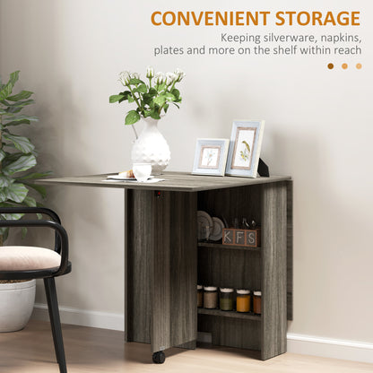 Extendable Dining Table, Collapsible Folding Table w/ 2-tier Shelves and Rolling Casters, Grey Wood Grain
